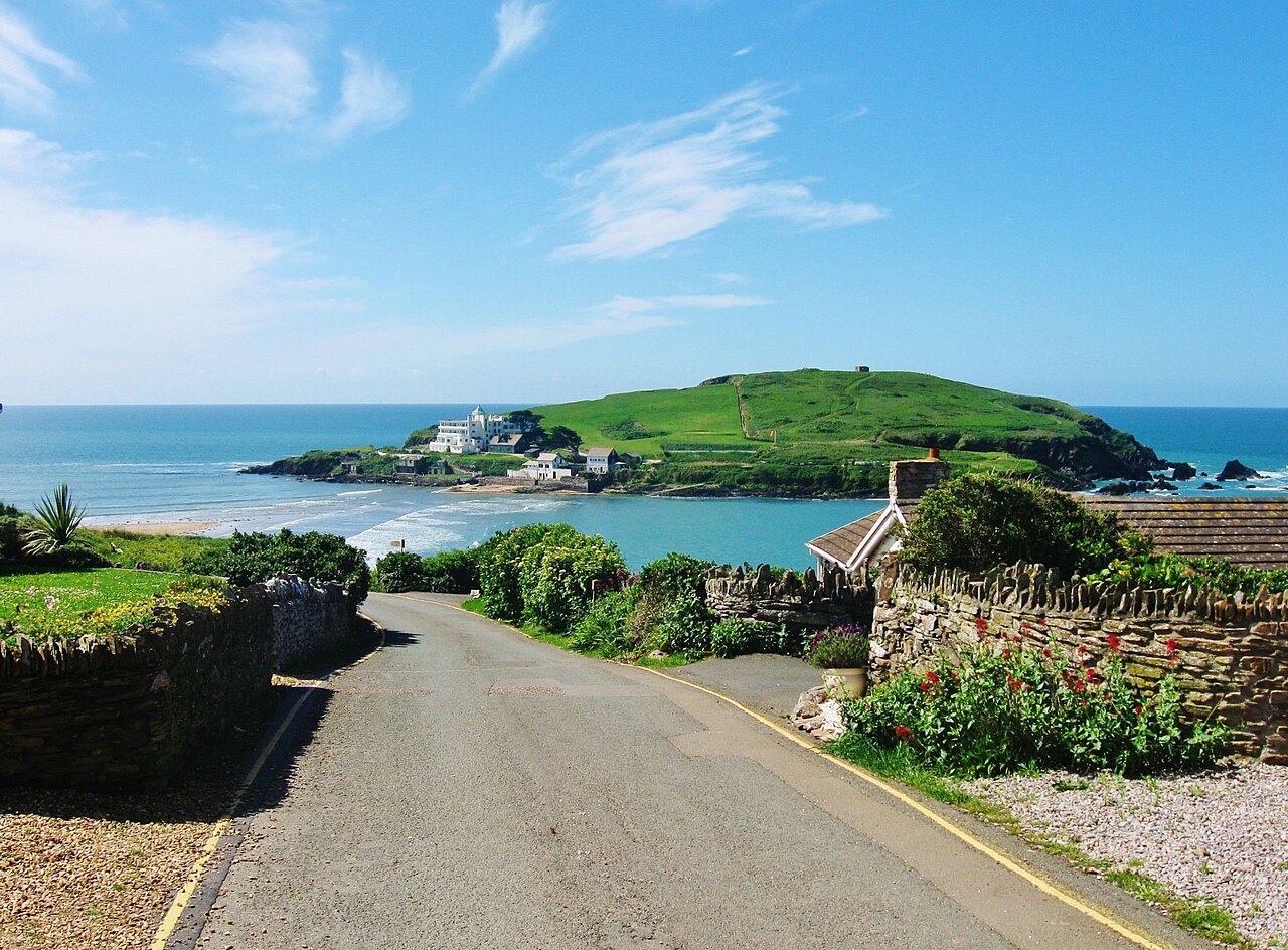 Burgh Island and its hotel seen across the water from Marine Drive in Bigbury-on-Sea